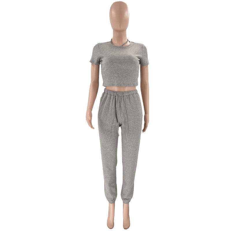 Spring Summer Solid Color Waffle round Neck Short Sleeve Women Clothing Casual Trousers Sets 5 Spring Summer Solid Color Waffle round Neck Short Sleeve Women Clothing Casual Trousers Sets