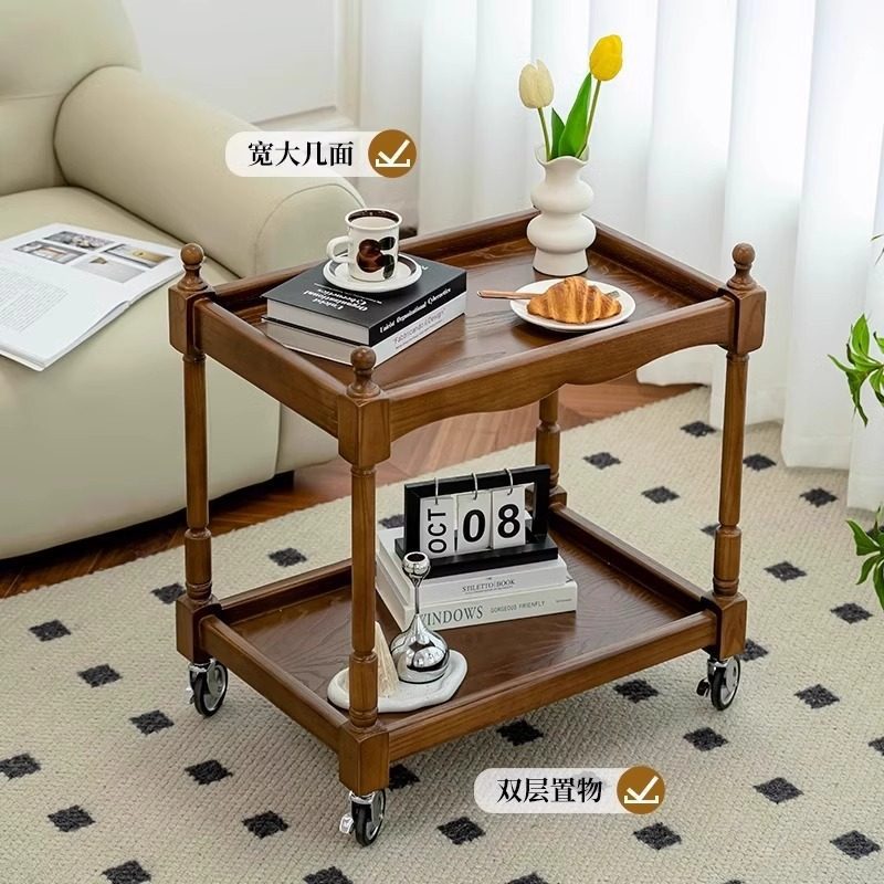 Caminillo móvil mesa de té sala de estar estilo medieval casero mesa de madera sólida doble capa sofá estante lateral mesa lateral