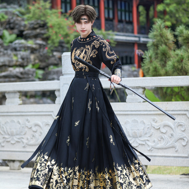 Original autumn and winter new style round-neck heavy-duty double-layer embroidered top with gold-embossed horse-face skirt, Hanfu martial arts style couple set