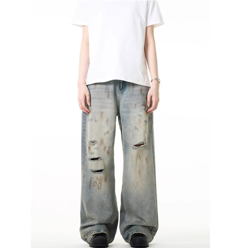 American Street Retro Style Lazy Design Ripped Wide-Leg Jeans for Men and Women Loose Slimming Trendy Straight Pants