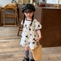 韓系童裝女童2024夏季新款時髦泡泡袖印花襯衫上衣短褲洋氣兩件套