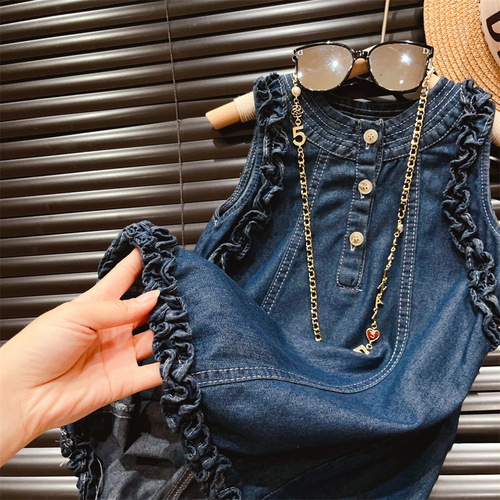 Girls' fungus-edged solid color three-button style classic denim vest dress 2023 new summer dress L576