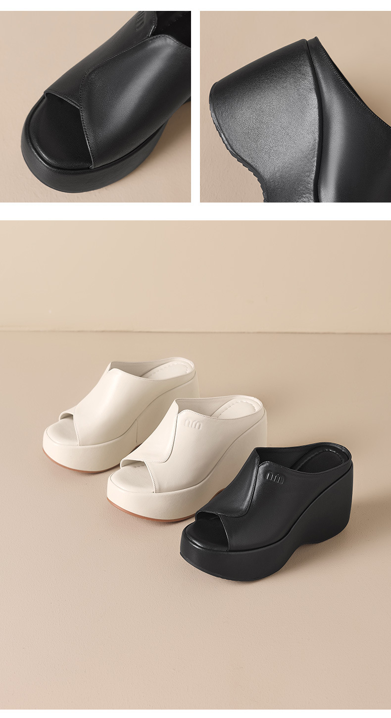 Dép sandal nữ quai chữ V đế xuồng cao 10 cm, chất liệu da thật, nhẹ nhàng — màu đen, Trắng kem- chi tiết 11