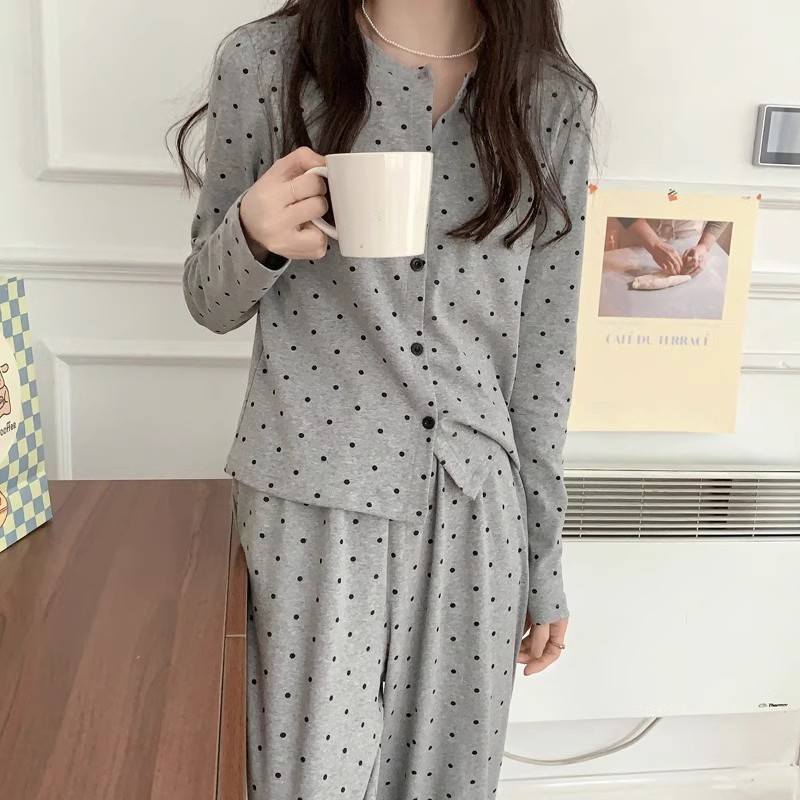 파자마 여성 가을 긴팔 바지 한국식 간단한 캐주얼 스포츠 폴리 에스터-코튼 홈 옷 봄과 여름을위한 투피스 세트