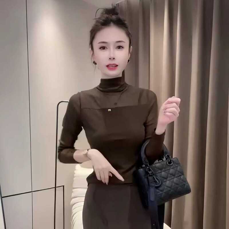 2025年秋季新款网纱拼接长袖T恤女士洋气修身显瘦内搭打底衫上衣|undefined
