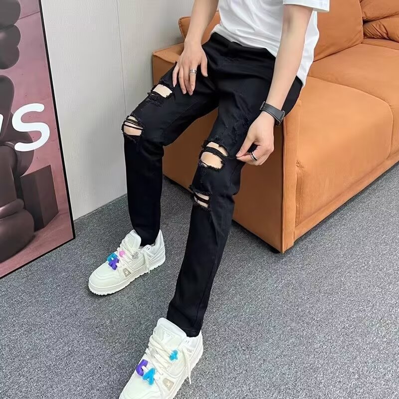 破洞牛仔裤男春夏弹力修身小脚裤子男韩版潮流9分黑色九分乞丐裤