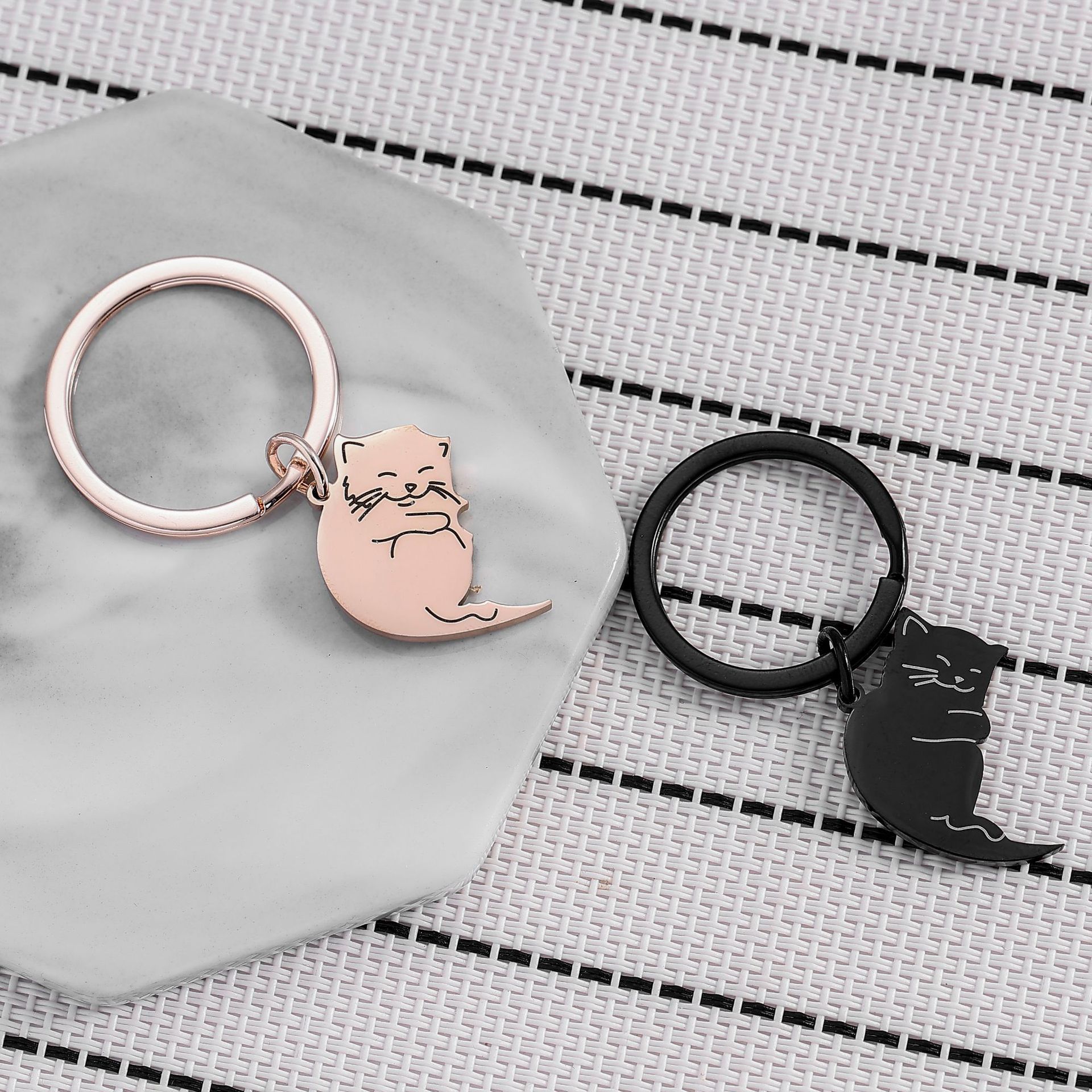 Daily Occasion 201 Stainless Steel Material Cat Pattern 1 Pair Cute Cat 201 Stainless Steel Couple Bag Pendant Keychain