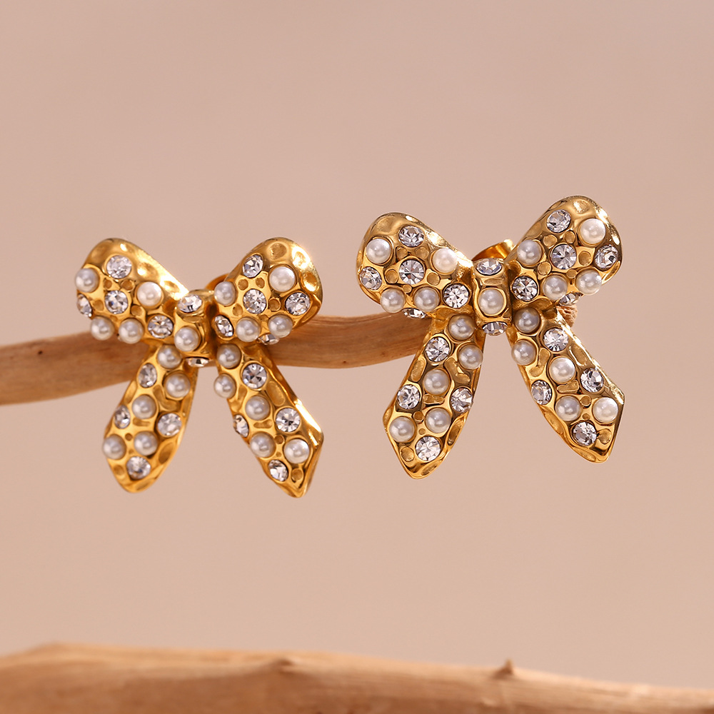 Gold Color Pearl Zircon Inlaid Bow Stainless Steel Earrings