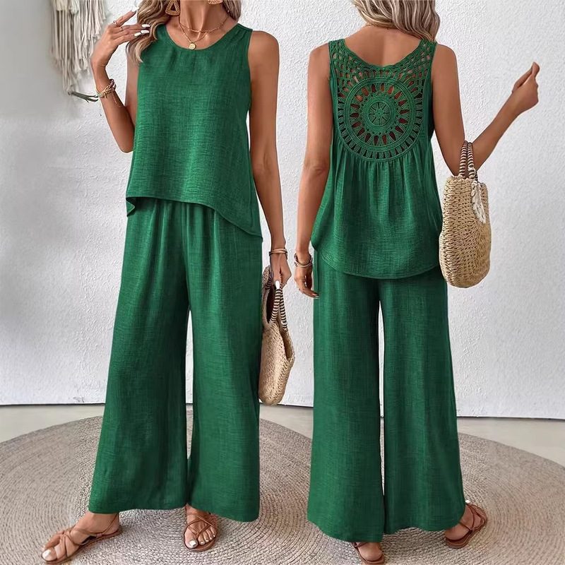 2026 European and American Cross-Border Women's Casual Fashion Elegant Solid Color Backless Floral Stylish Set