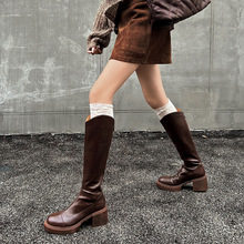 静音底腿精高跟厚底V口骑士靴2024冬粗跟圆头弹力包腿高筒长靴女