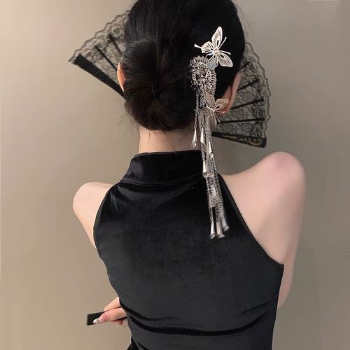 New Chinese-style butterfly hairpin for women, metal hair clip, hair accessory for the back of the head, U-shaped, ancient style, high-end, with tassels