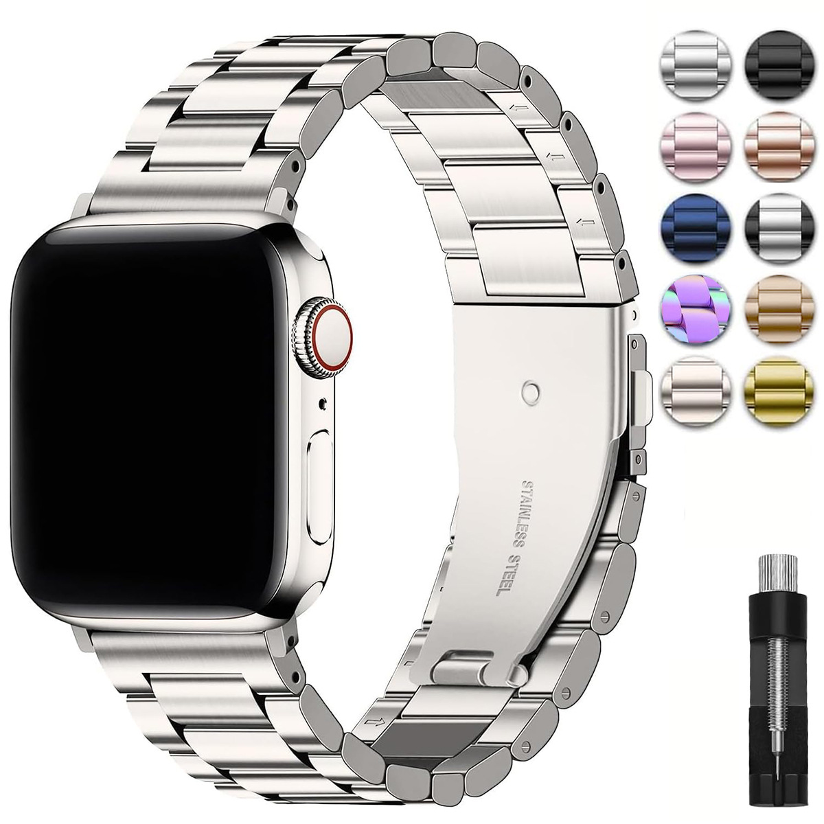 Suitable for Apple Applewatch Three-Bead True Solid Stainless Steel Iwatchs10 Strap