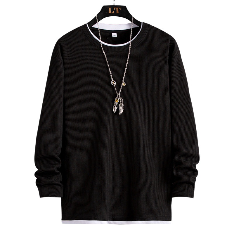 Falso de dos piezas de manga larga camiseta de los hombres de estilo americano pesado waffle suéter de primavera y otoño de moda cuello redondo jersey casual top