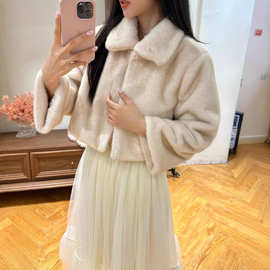 甜美小短款环保皮草毛毛外套女仿水貂毛加厚夹棉开衫上衣