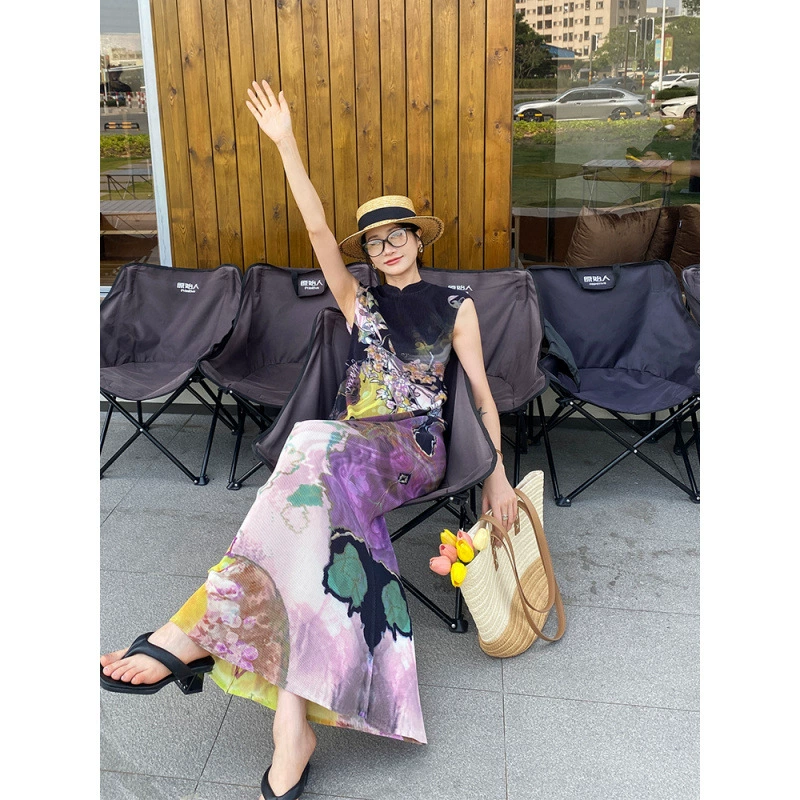 Высококачественное плиссированное платье с принтом, новое платье Cheongsam в китайском стиле, длинное платье для похудения «рыбий хвост» на лето.