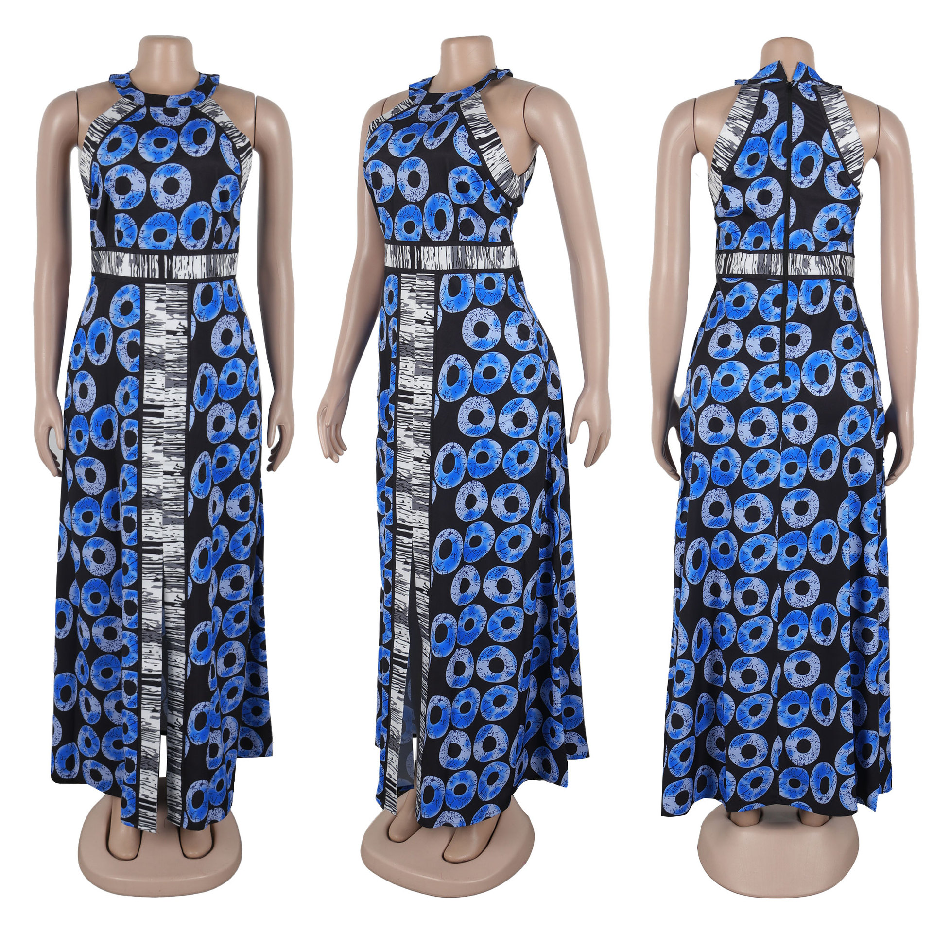 Women's Printed A-line Dress With Fitted Waist And Front Slit_voghion.com