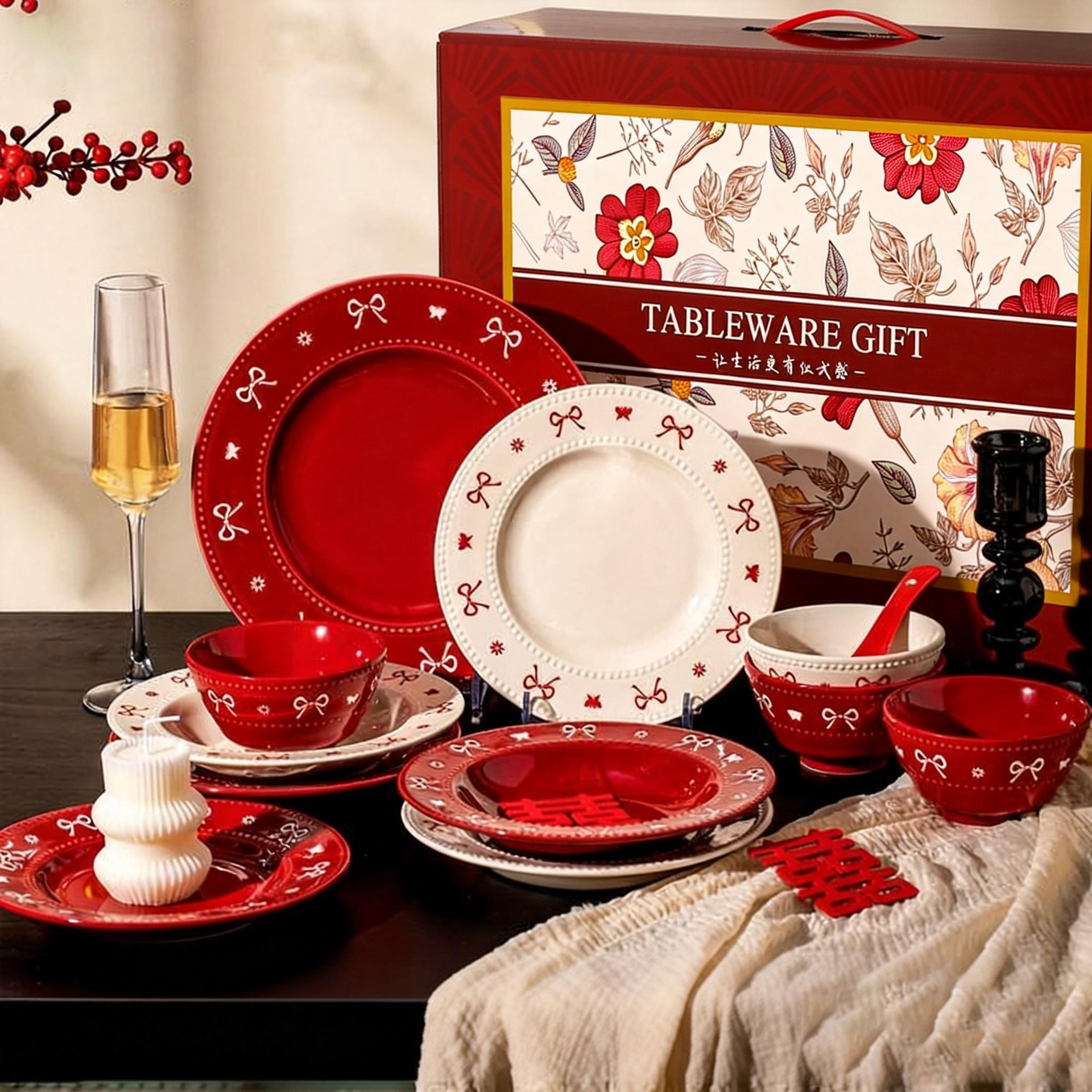 Embossed red ceramic dishes set household rice bowls festive dishes…