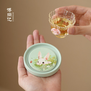 Japanese-Style Cherry Blossom Rabbit Creative Ceramic Dry Bubble Tray Pot Holder for Both Dry and Wet Use Small Tea Table Tea Holder Kung Fu Tea Set Accessories