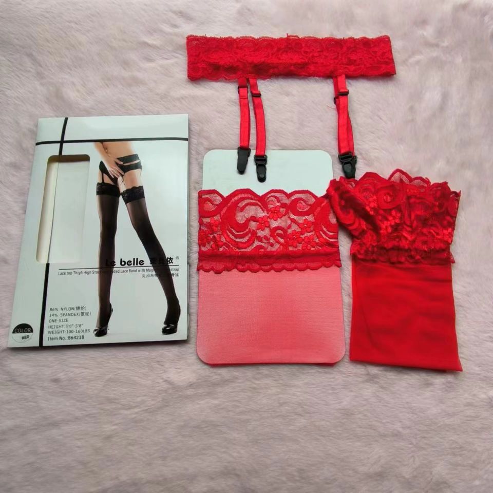 Foreign trade surplus inventory processing sexy lace over-the-knee socks with straps stockings removable red suit high