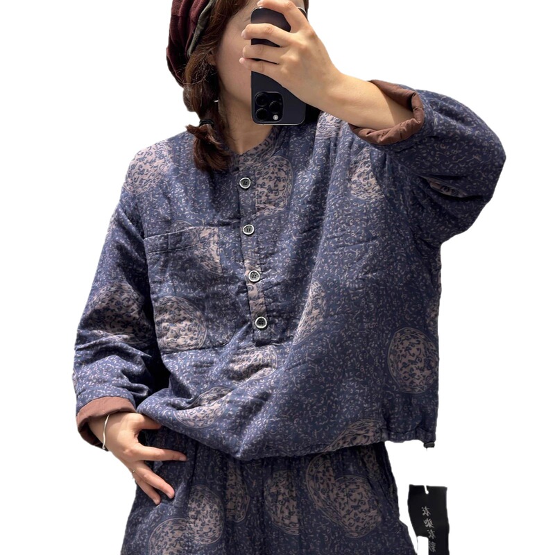 新款复古文艺宽松立领下摆抽绳保暖棉服印花棉衣女|undefined