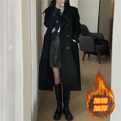 黒い毛のコートの女性の秋冬の新型の韓国版はひざを越えます。