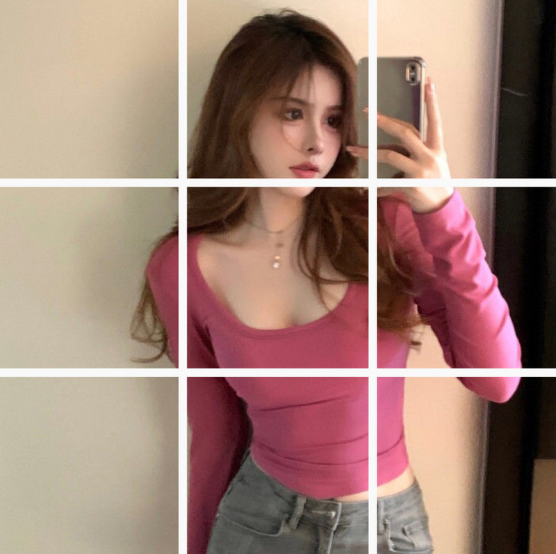 Sexy Short Long-sleeved Top Women's Spring Slim-fit Base Shirt Round Neck Solid Color T-shirt 8581 Large Round Neck Rose Purple T-shirt