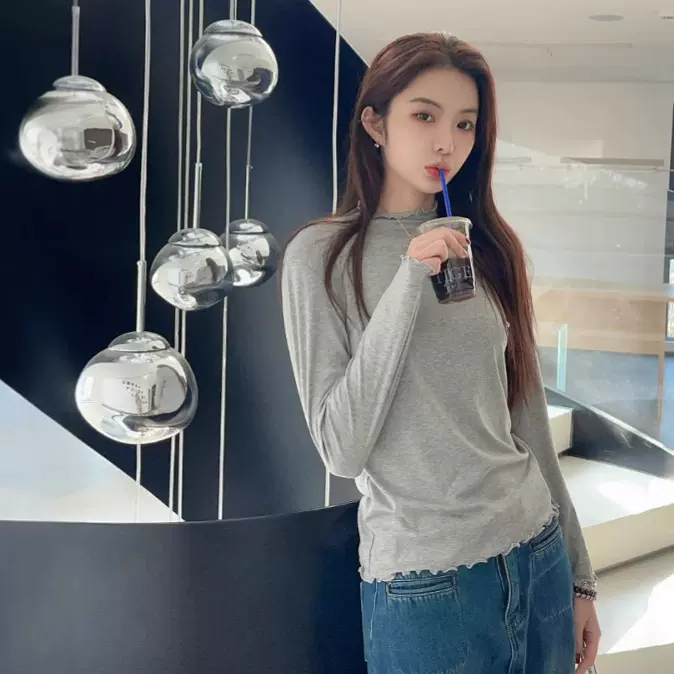 春秋木耳边宽松慵懒T优雅女t恤毛衣针织长袖显瘦灰色上衣批发代发