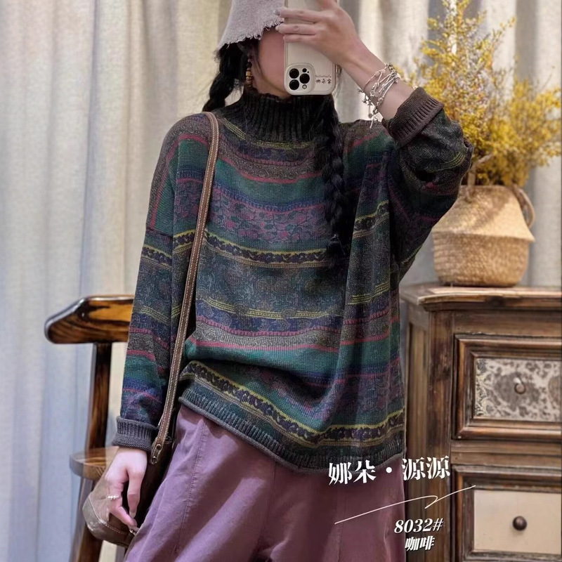 Printed Cotton Knitwear for Women 2025 Autumn Retro Literary Loose Lazy Fashion Curled Casual Knitwear 8032