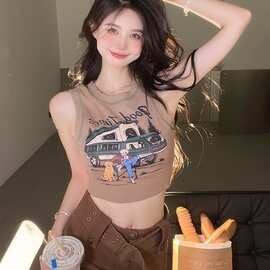 设计感复古外穿吊带背心夏字母印花小众女短款辣妹露脐外贸可加标