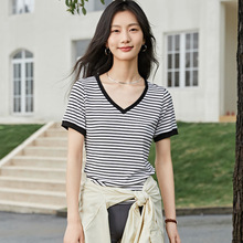 2024新款夏季韩版修身显瘦内搭清新外穿条纹V字领女士短袖T恤批发