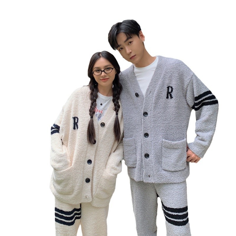 여성용 가을 겨울 하프 벨벳 커플 잠옷, 벨벳과 두꺼운 R 자형 가디건, 남성용 고급스럽고 편안한 플러시 홈 의류