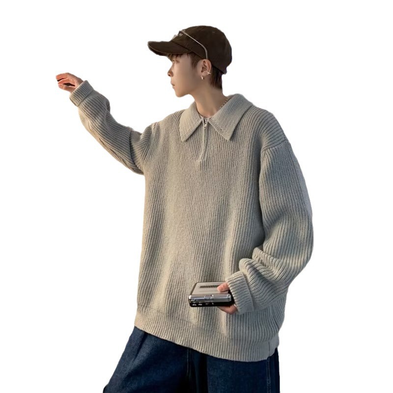 2024 nuevos hombres de otoño e invierno suéter suéter media cremallera retro color sólido cuello alto salvaje suelto conjunto simple deportivo