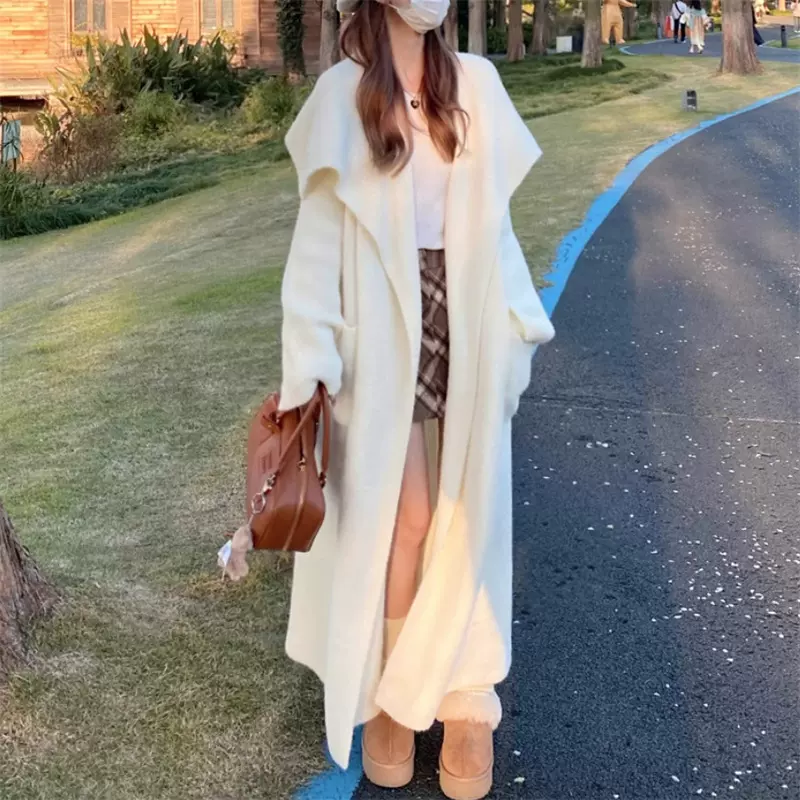 纯色大翻领毛衣外套女2024秋冬宽松慵懒长款针织外套浴袍款大衣厚