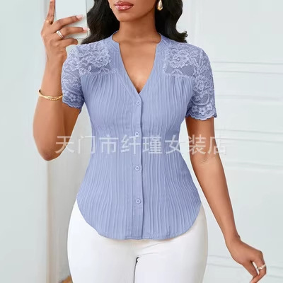 In-stock direct shipping for Amazon: Spring/Summer hot-selling fashion versatile single-breasted slim-fit embroidered hollow-out short-sleeve top