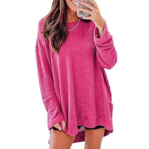 European and American-style fashionable solid-color waffle-texture loose-fitting round-neck long-sleeved slit top for women
