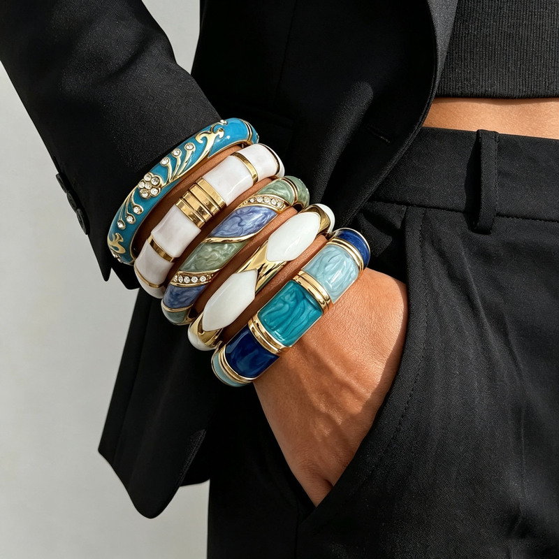 European and American retro enamel bracelet for women, multi-color patchwork, contrasting color, open wide band, gold-edged, heavy-duty, niche, personalized, stackable European and American retro enamel bracelet for women, multi-color patchwork, contrasting color, open wide band, gold-edged, heavy-duty, niche, personalized, stackable