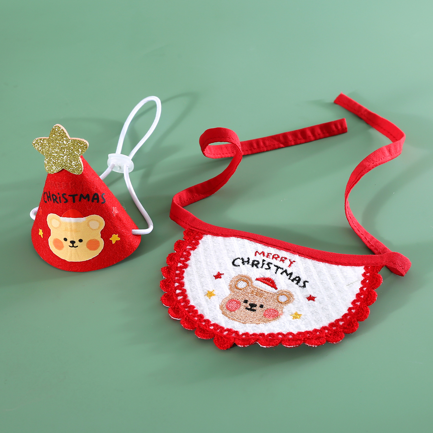 Bordado Feliz Navidad oso traje de mascota fieltro estrella de cinco puntas de dibujos animados tridimensional sombrero babero bufanda gato perro conejo