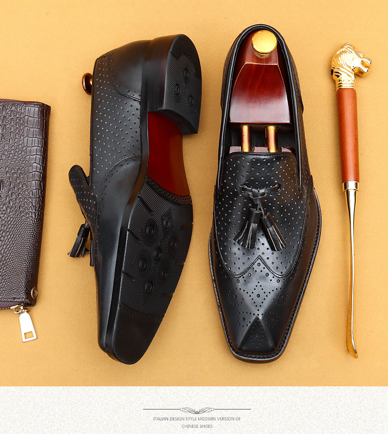 Casual summer leather shoes men's hollow breathable leather business dress shoes_vogvips.com