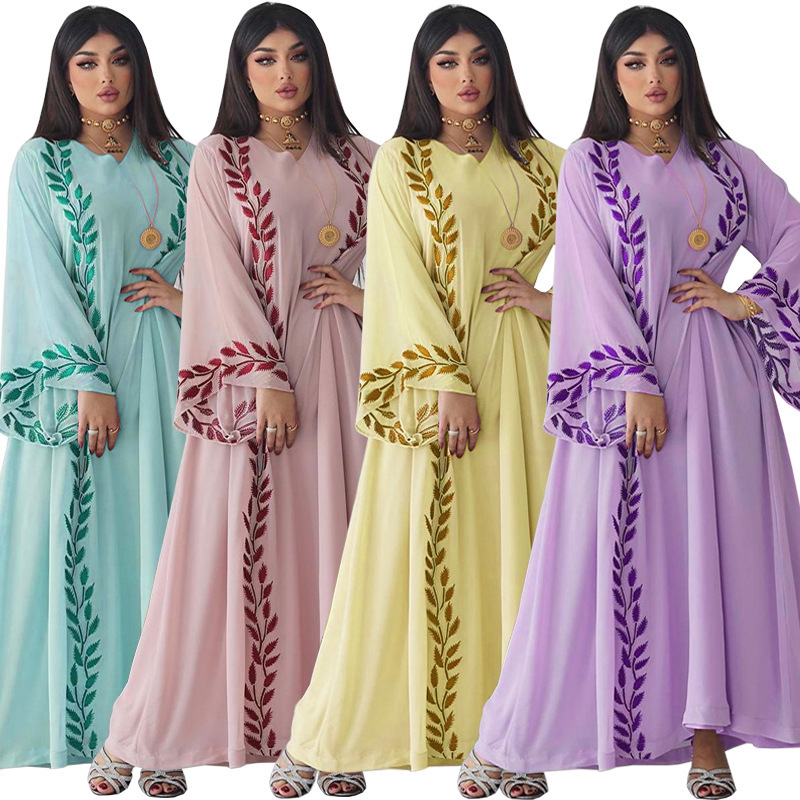 LN216 Fashionable Street Style Summer Chiffon Long Embroidered Pink Round Neck Dress with Headscarf