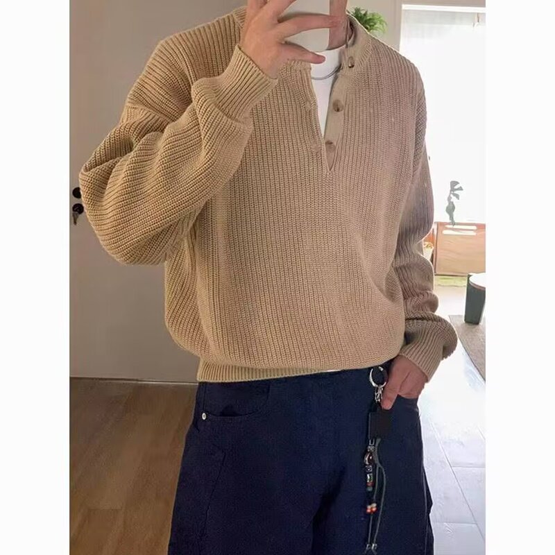 Old Money Style Henry Collar Knitwear Men's Spring & Fall Cleanfit American Retro Polo Knitwear Lazy Bottoming Shirt