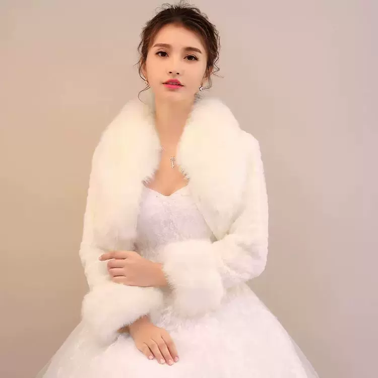 新娘婚纱礼服毛毛披肩秋冬季结婚旗袍伴娘红白色加厚保暖斗篷披肩