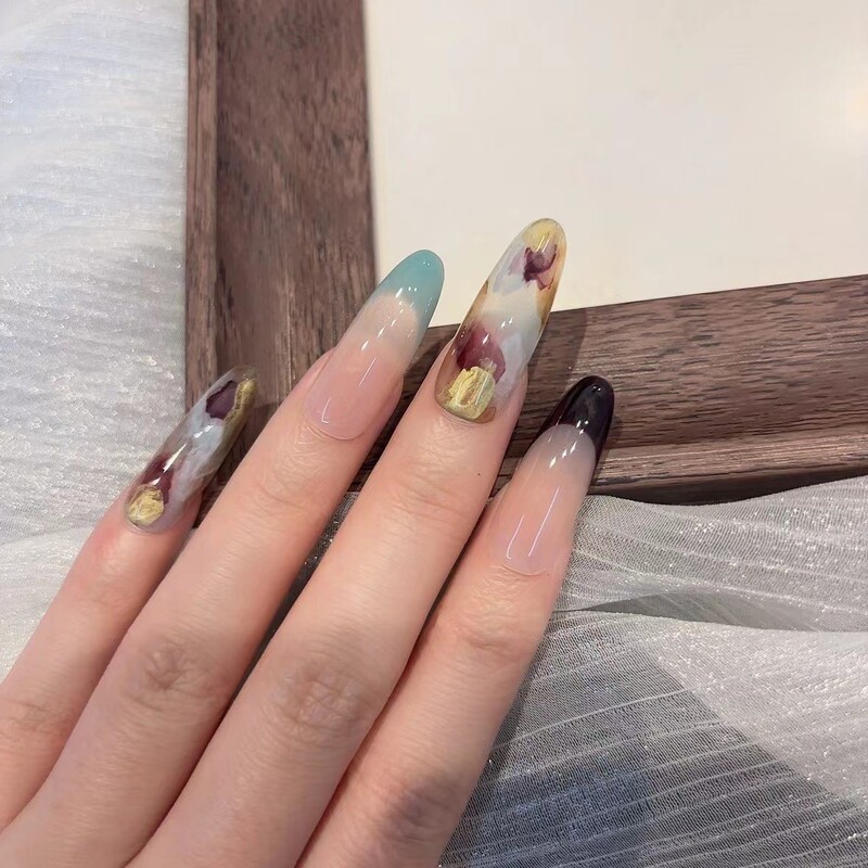 [Colorful Oil Painting] Purely Handmade French Gradient Mid-Length Wearable Nails with Gradient Gradient Classy Nail Stickers Manicure