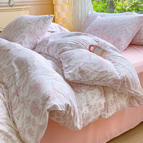 Premium A-grade Washable Cotton Double-Layer Gauze Four-Piece Set with Small Floral Print: Duvet Cover, Fitted Sheet, and Bed Sheet – Perfect for Student Dorms