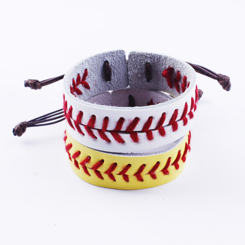 AliExpress Leather Baseball Bracelet Handmade Stitched Leather Softball Sports Bracelet For Europe and America