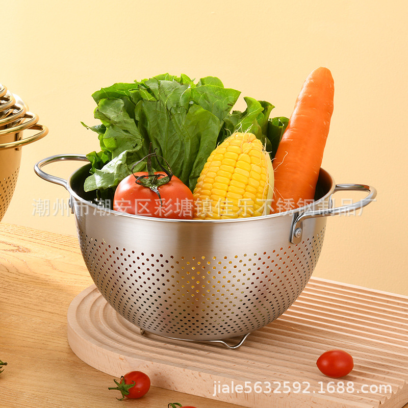 新品 加厚无磁不锈钢水果篮带脚双耳果蔬篮圆形冲孔外贸出口篮