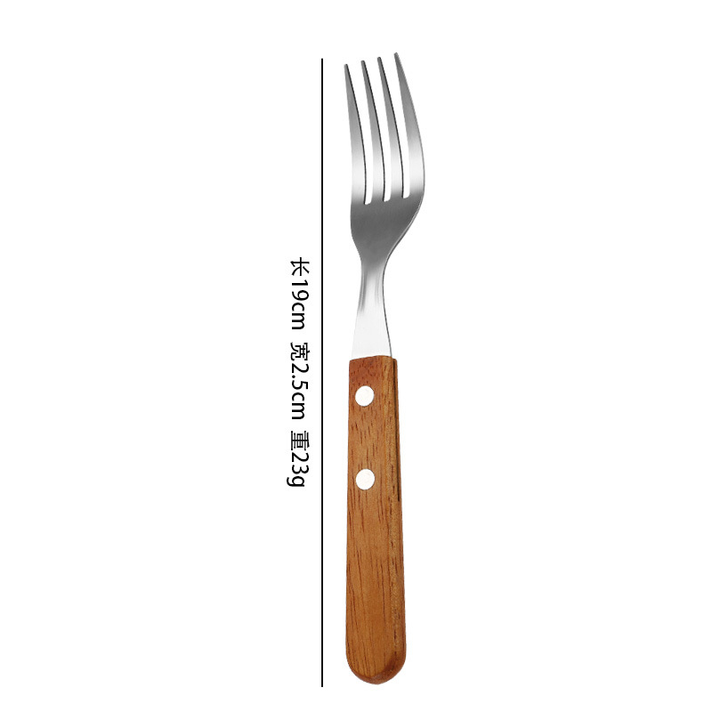 Cuchillo, tenedor y cuchara de acero inoxidable 410 con mango de madera estilo japonés, cuchillo para carne estilo occidental con mango de madera.