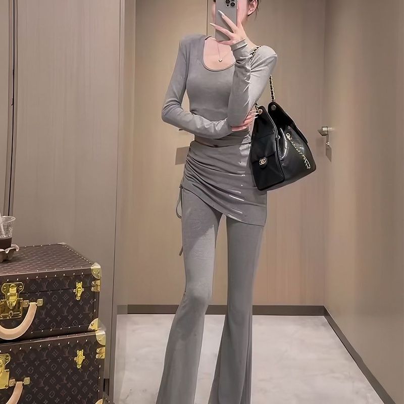 韩版复古气质长袖恤女秋季新款高腰显瘦百搭休闲抽绳裙裤两件套|undefined