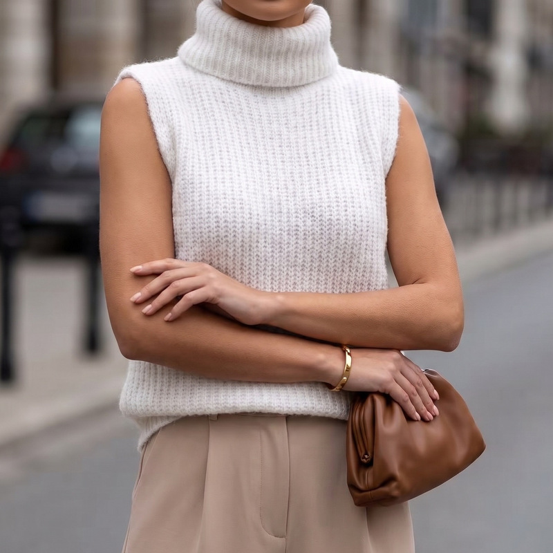High-Neck Chunky Knit Vest for Women, Autumn and Winter Loose Sleeveless Sweater Vest, Soft Mohair Layering Outerwear