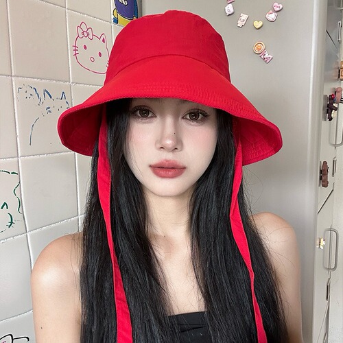 Red versatile Korean style strappy fisherman hat for women, lightweight, breathable, large brim, travel-showing face, small sunshade hat
