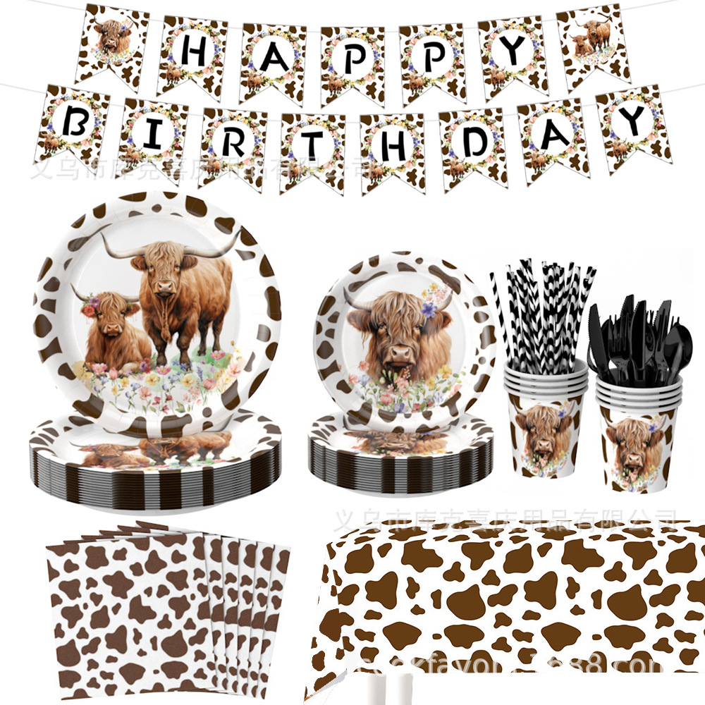 Amazon Highland Cow Theme Bandeja de papel vaso de papel toalla de papel juego de vajilla vaca marrón fiesta de cumpleaños suministros de decoración
